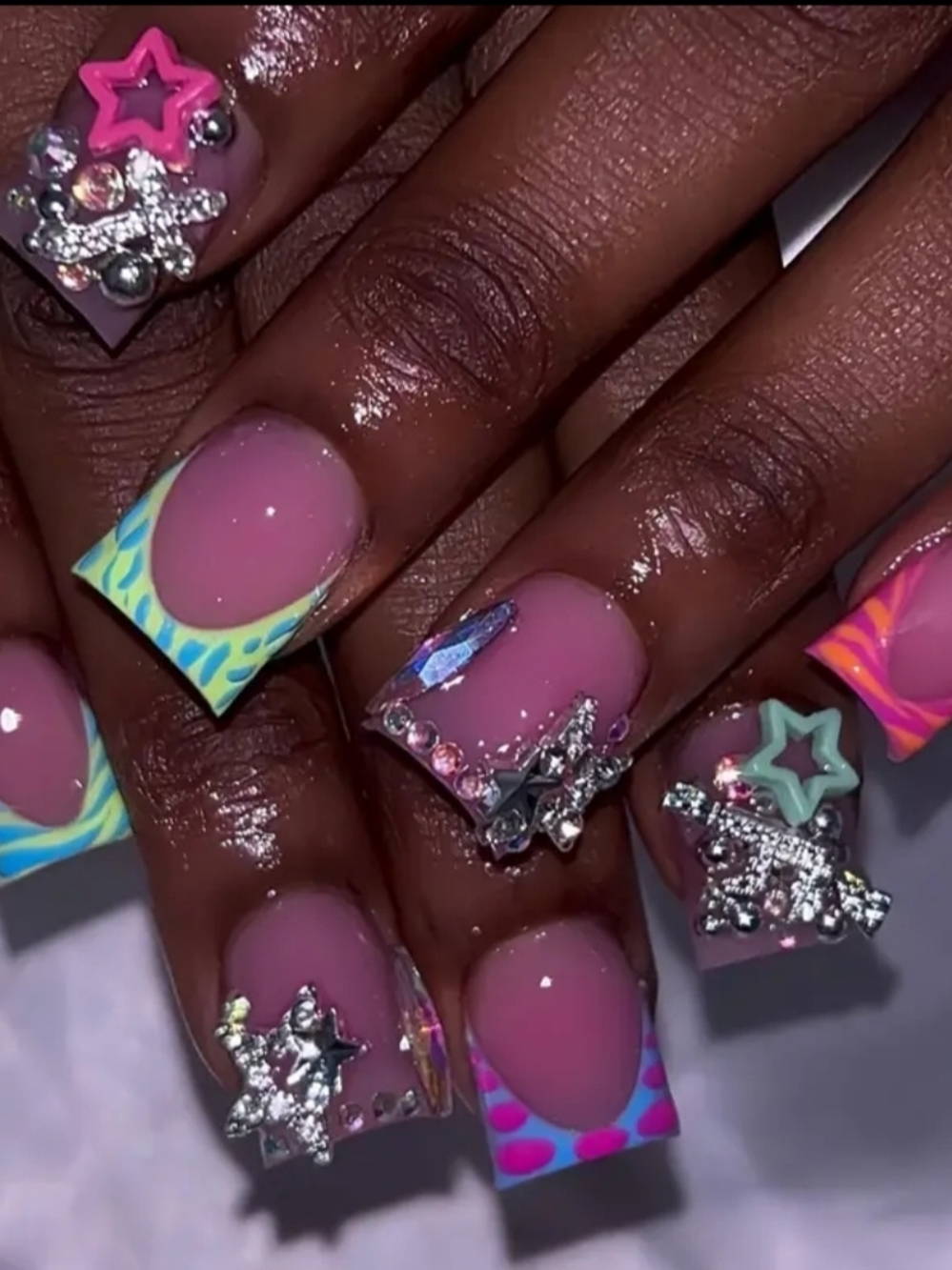 24 PCS Pink French Tip Nails with Neon Accents & Rhinestones FREE SET INCLUDED